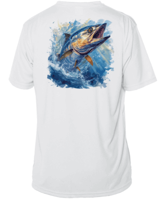 A white UV Fishing Shirt Outfitters - Angler's Collection: King Mackerel - UPF 50+ Short Sleeve with an image of a tuna fish.