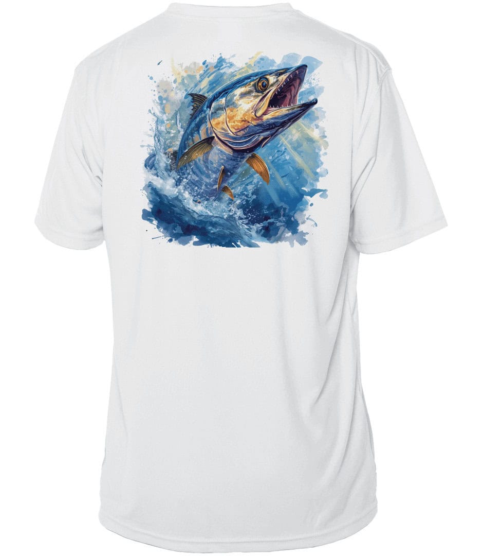 White fishing shirt with King Mackerel graphic, UPF 50+ sun protection.