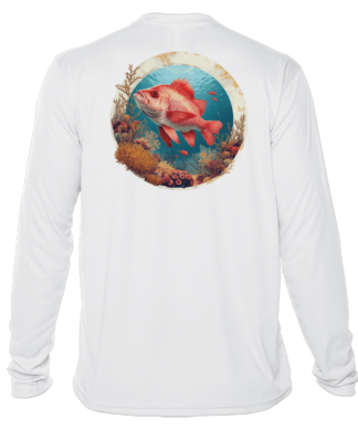 A white long-sleeve fishing shirt with an image of a red fish.
