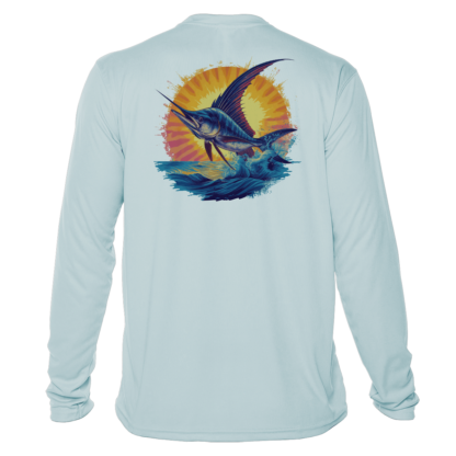 A men's long sleeve fishing shirt featuring an image of a marlin fish.
