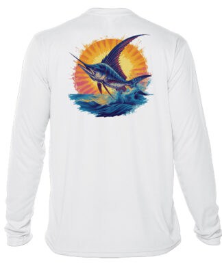 High-quality UPF 50+ fishing shirt featuring a vibrant sailfish design, perfect for sun protection a.
