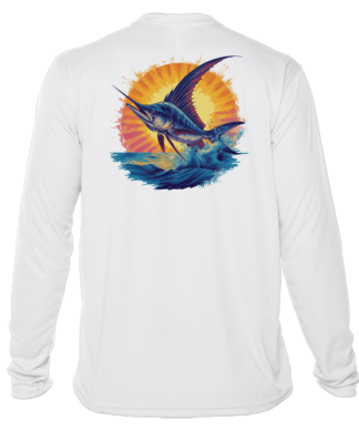 Men's long sleeve marlin fishing shirt, also known as a sun shirt or performance shirt.