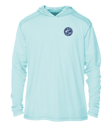 The men's blue hoodie has a logo on it.