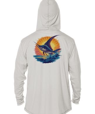 Sailfish graphic on white UPF 50+ sun hoodie, perfect for fishing and outdoor activities.