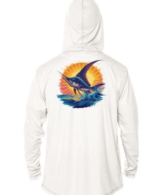 Sailfish graphic hoodie with UPF 50+ sun protection, perfect for fishing and outdoor activities.