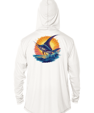 A white hoodie with a marlin fish design.