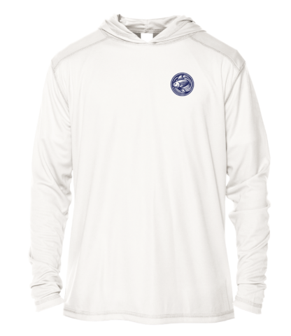 A white hoodie with a blue logo on it.