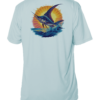 A men's UV fishing shirt in light blue featuring a marlin design against a stunning sunset backdrop.
