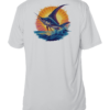 The men's marlin fishing t-shirt is a white performance shirt featuring an image of a marlin.