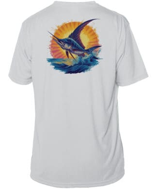 UPF 50+ Sailfish fishing shirt with vibrant design, perfect for anglers and outdoor enthusiasts.