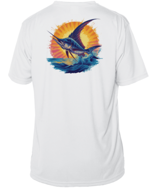 This Fishing Shirt Outfitters - Angler's Collection: Sailfish - UPF 50+ Short Sleeve features a white design with an image of a marlin.