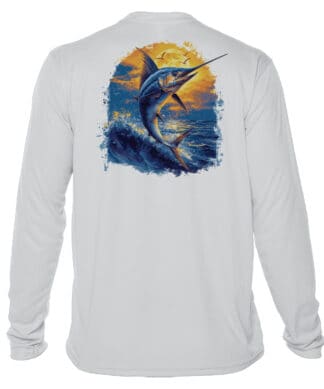 UPF 50+ Long Sleeve Sun Shirt with Swordfish print in Pearl Grey. Perfect for fishing and outdoor ac.