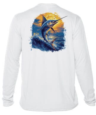 High-quality UPF 50+ long sleeve fishing shirt with swordfish graphic, perfect for anglers and sun p.