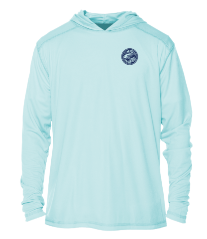 The men's blue hoodie has a logo on it.