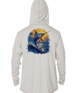 UPF 50+ Swordfish Hoodie for fishing enthusiasts, featuring a vibrant swordfish graphic on the back.
