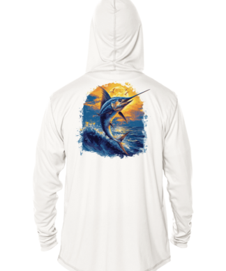 A white hoodie with a marlin fish image, perfect for fishing enthusiasts.