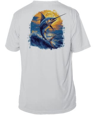 UPF 50+ short sleeve fishing shirt featuring a swordfish design, perfect for anglers and outdoor ent.