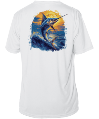 A white performance shirt with an image of a marlin fishing in the ocean.