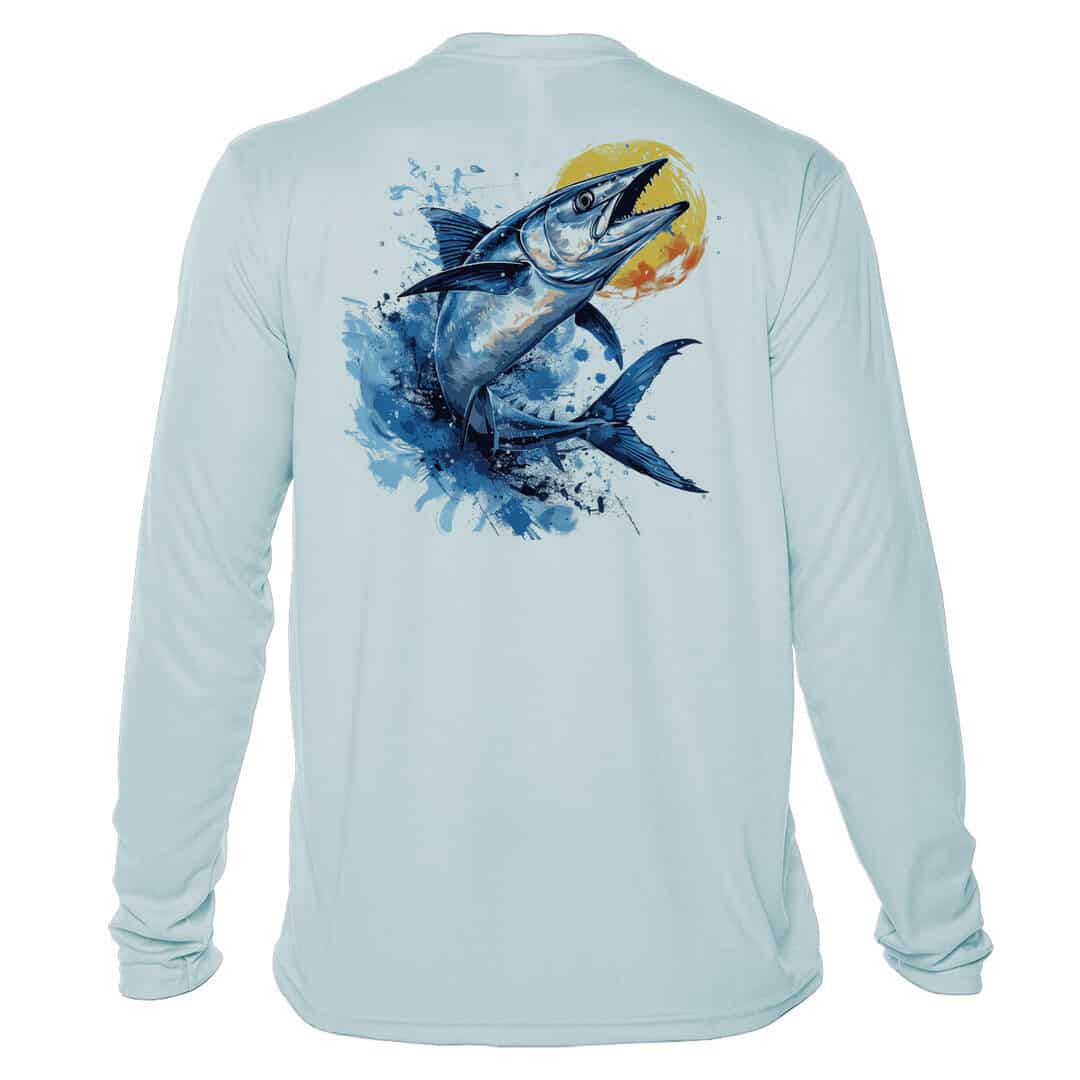 UPF 50+ Wahoo fishing shirt in Arctic Blue for sun protection and comfort.