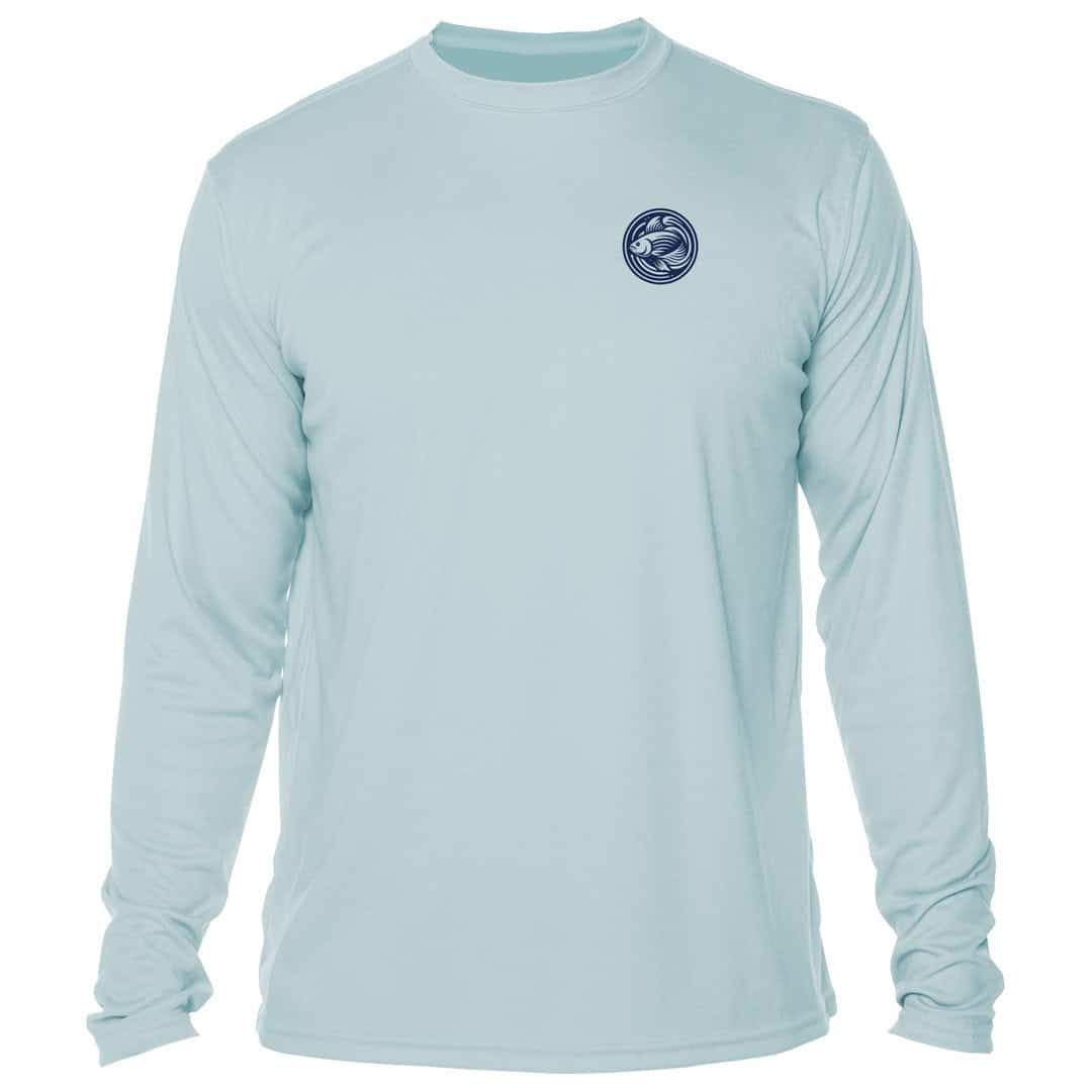 Light blue long sleeve sun shirt with Key West logo for sun protection.