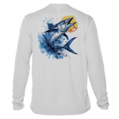A white long sleeve fishing shirt with an image of a blue marlin.