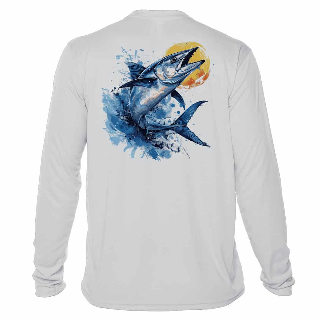 High-quality fishing shirt with Wahoo design, UPF 50+ sun protection, perfect for anglers.