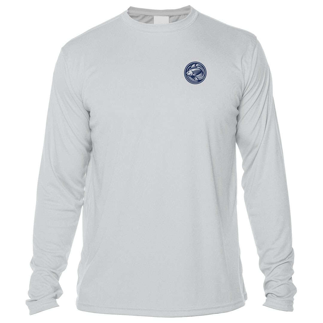 White long-sleeve sun shirt with Key West logo for sun protection.