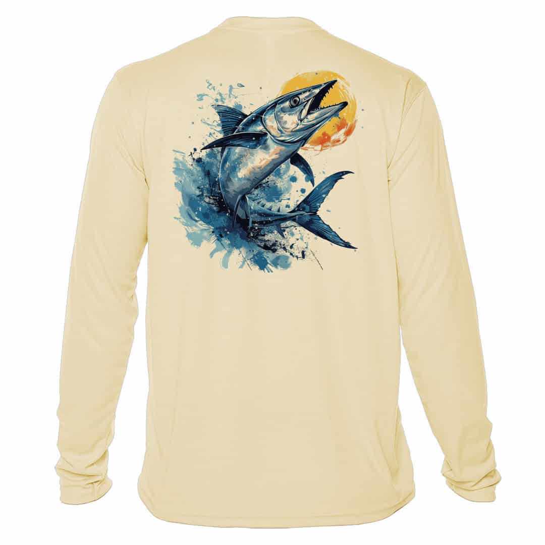 UPF 50+ long sleeve fishing shirt featuring a vibrant Wahoo design, perfect for sun protection durin.