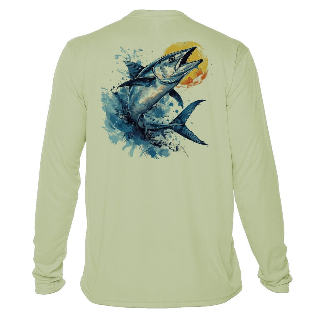 High-quality fishing shirt with Wahoo design, UPF 50+ sun protection, perfect for anglers.