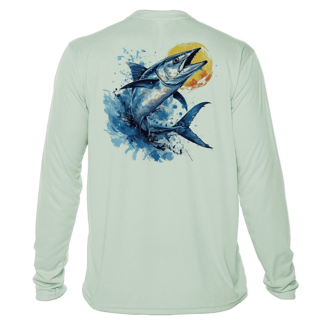 High-quality fishing shirt featuring a vibrant Wahoo design, UPF 50+ sun protection, perfect for ang.