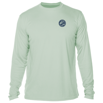 A men's green long sleeve sun shirt with a blue logo.