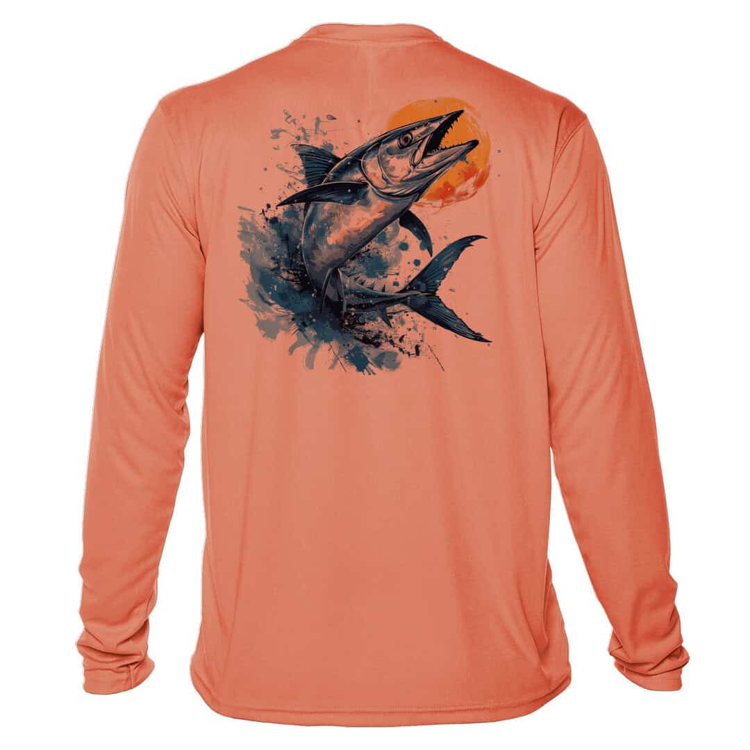 Wahoo fish graphic on salmon-colored UPF 50+ long sleeve fishing shirt, perfect for sun protection a.