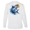 High-quality white fishing shirt featuring a vibrant Wahoo design, perfect for sun protection and an.