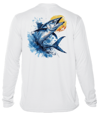 A white long sleeve fishing shirt with an image of a blue marlin.