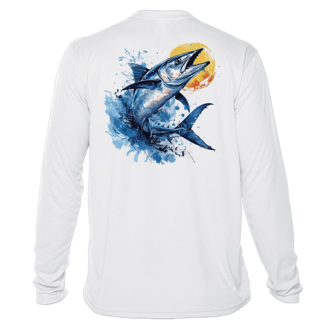 High-quality white fishing shirt featuring a vibrant Wahoo design, perfect for sun protection and an.