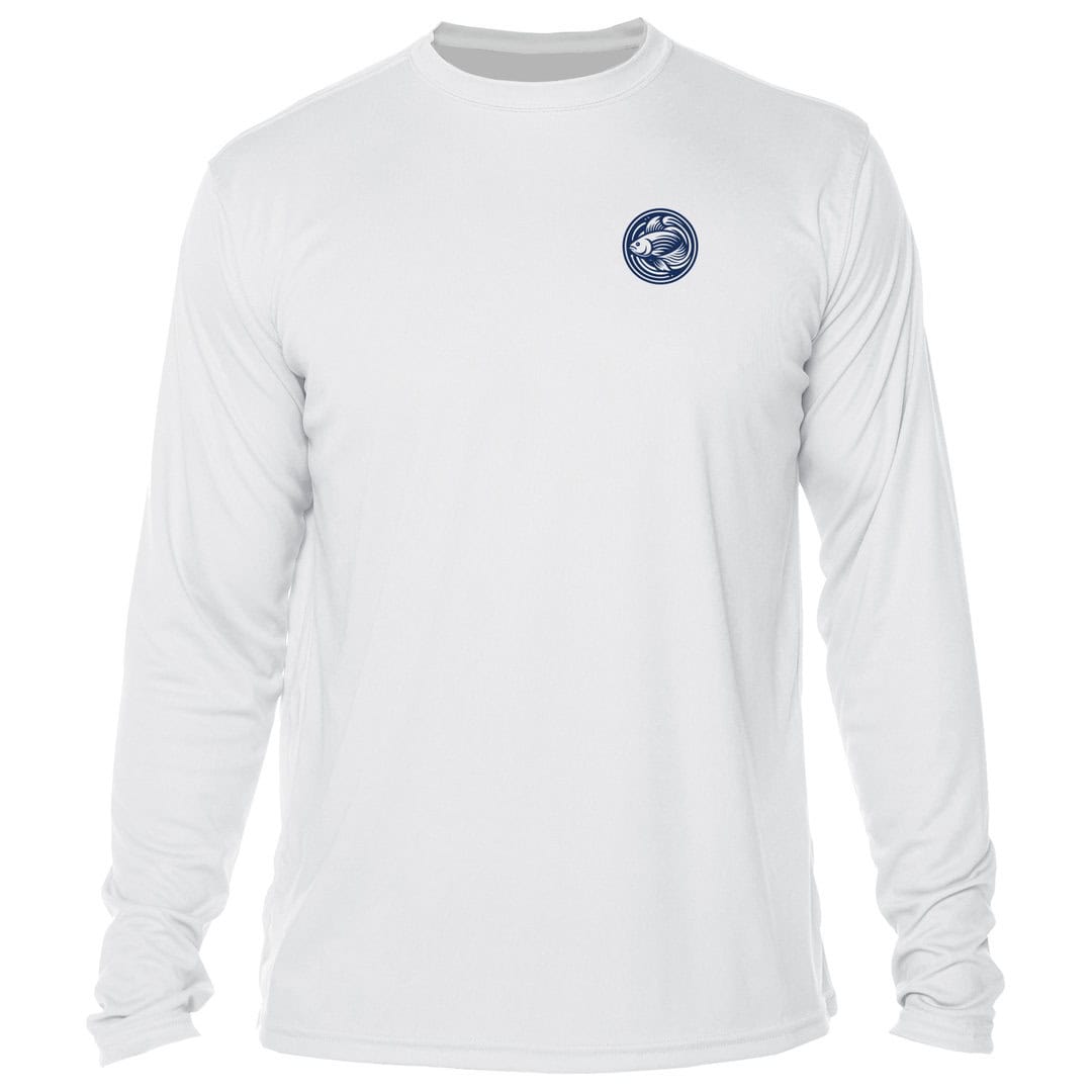 White long sleeve shirt with Key West Sun Shirts logo, perfect for sun protection.