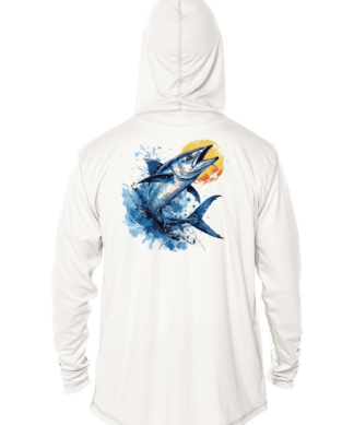 A white hoodie with an image of a blue marlin, perfect for those sunny days on the boat.