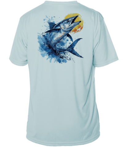 The men's blue marlin rash guard t-shirt is perfect for outdoor activities.