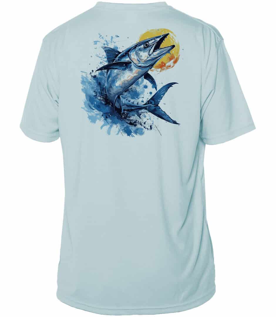 Wahoo fish graphic on light blue UPF 50+ short sleeve sun shirt, perfect for fishing and outdoor act.