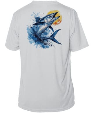 White fishing shirt with Wahoo fish graphic, UPF 50+ protection, short sleeve.