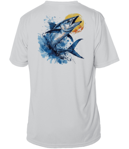 A white fishing shirt with an image of a blue marlin.