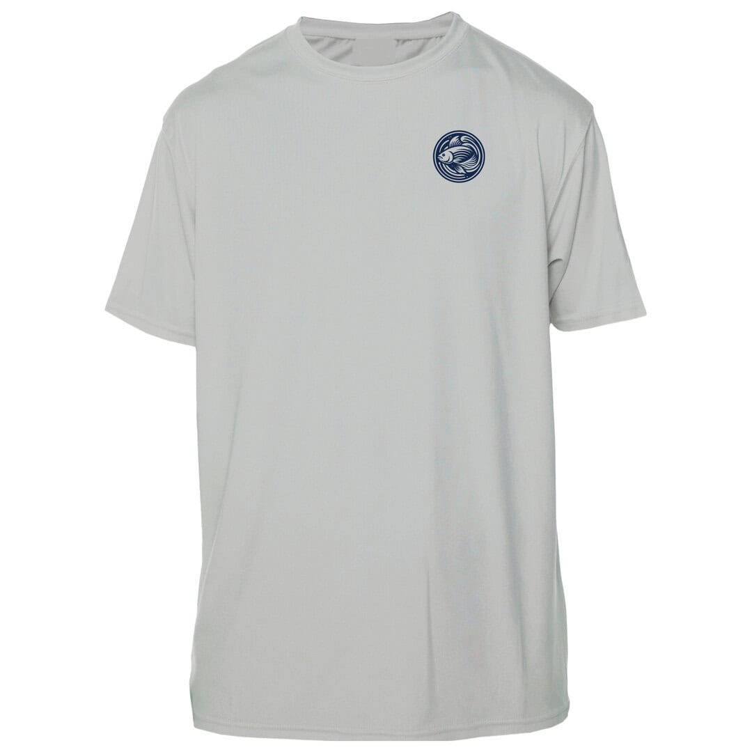 White Key West Sun Shirt with small blue logo on chest.