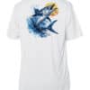 White fishing shirt with Wahoo fish graphic, UPF 50+ sun protection, short sleeve.
