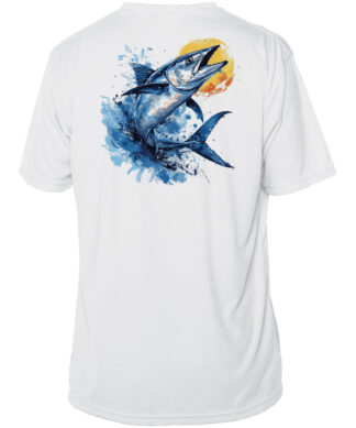 White fishing shirt with Wahoo fish graphic, UPF 50+ sun protection, short sleeve.