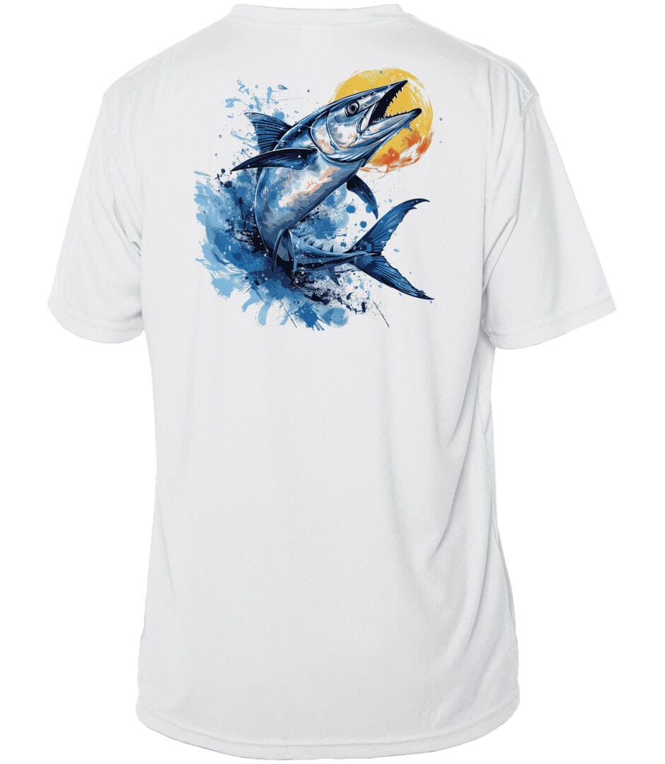White fishing shirt with Wahoo fish graphic, UPF 50+ sun protection, short sleeve.