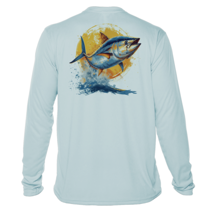 A men's light blue long sleeve UV shirt with an image of a tuna.