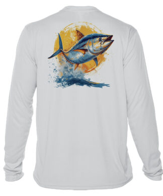 Bright yellowfin tuna illustration on a white long sleeve fishing shirt. UPF 50+ sun protection, per.