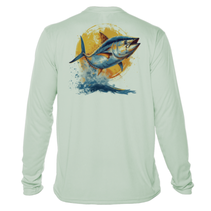 A men's long sleeve solar shirt featuring an image of a tuna.