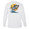 A white long sleeve UV shirt with an image of a tuna.
