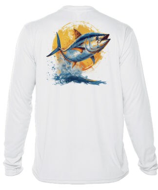 High-quality UPF 50+ long sleeve fishing shirt featuring a vibrant yellowfin tuna design, perfect fo.